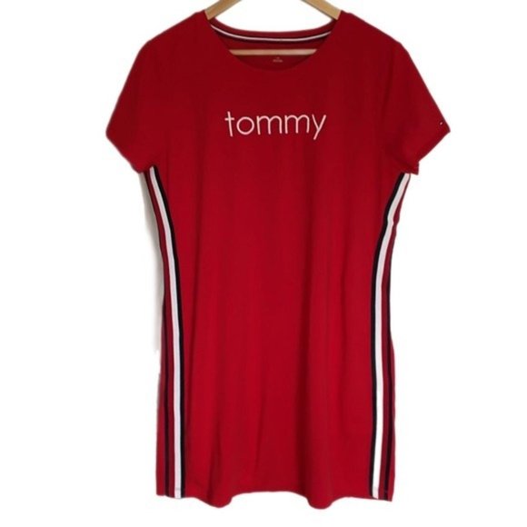 Retro Y2k Tommy Hilfiger Spell Out Mini Red Tee Shirt Dress - Picture 2 of 4
